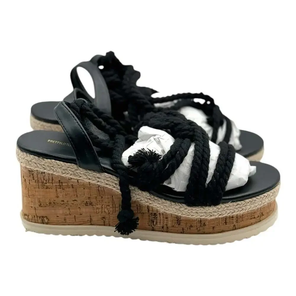 PrettyLittleThing Black Tie-up Round Toe Espadrille Wedge Heeled Sandals Size 5